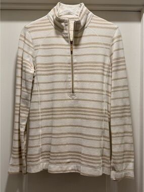 Tommy Bahama Cream and Tan Striped Half-Zip Turtleneck Sweater